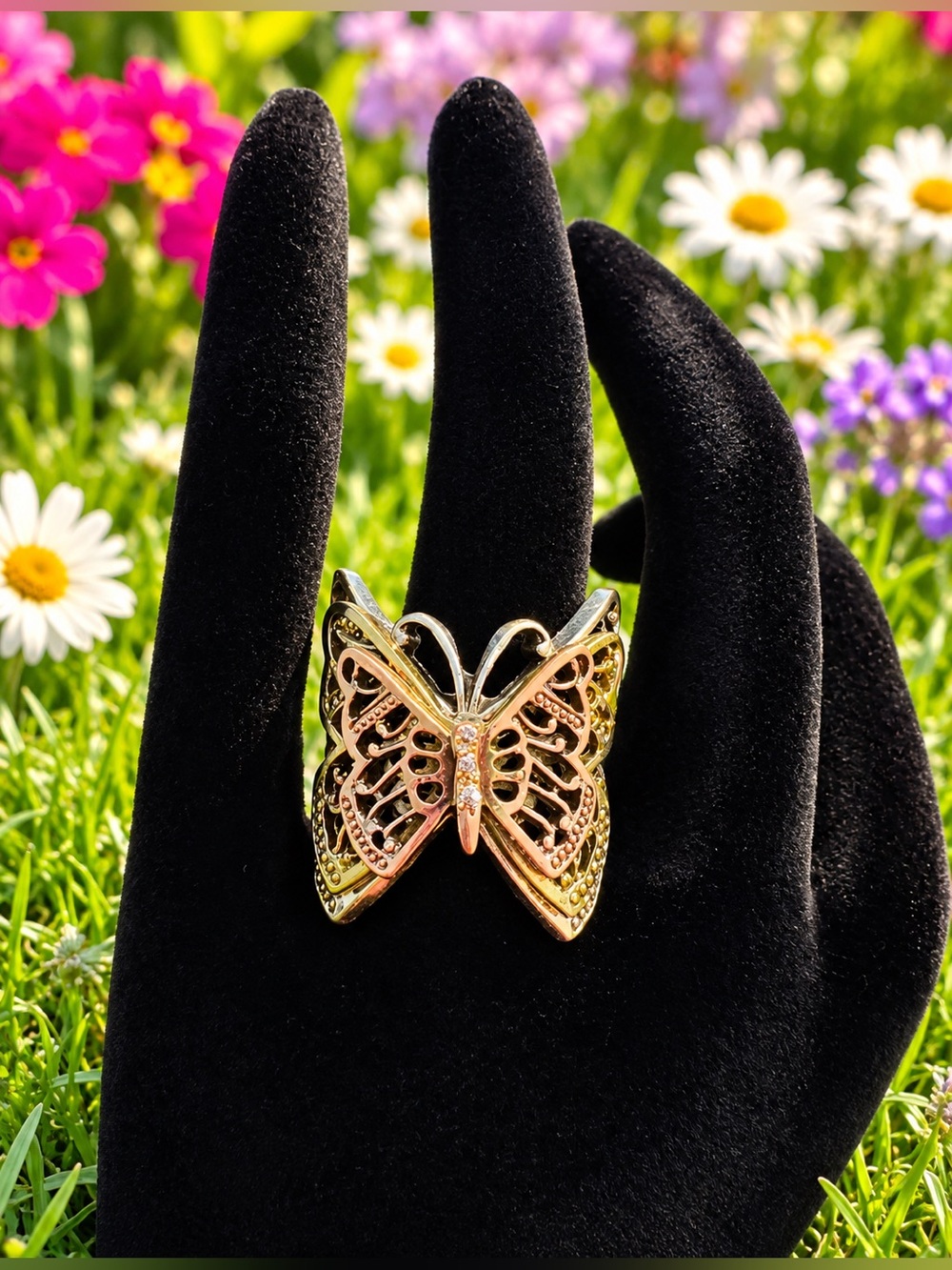 Butterfly Filigree Ring Size 7/8 Gold, Rose Gold & Silver Tone w Center Stones